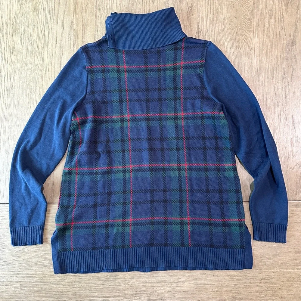 Talbots Button Turtleneck Sweater Size Medium Blue Plaid - Picture 7 of 8